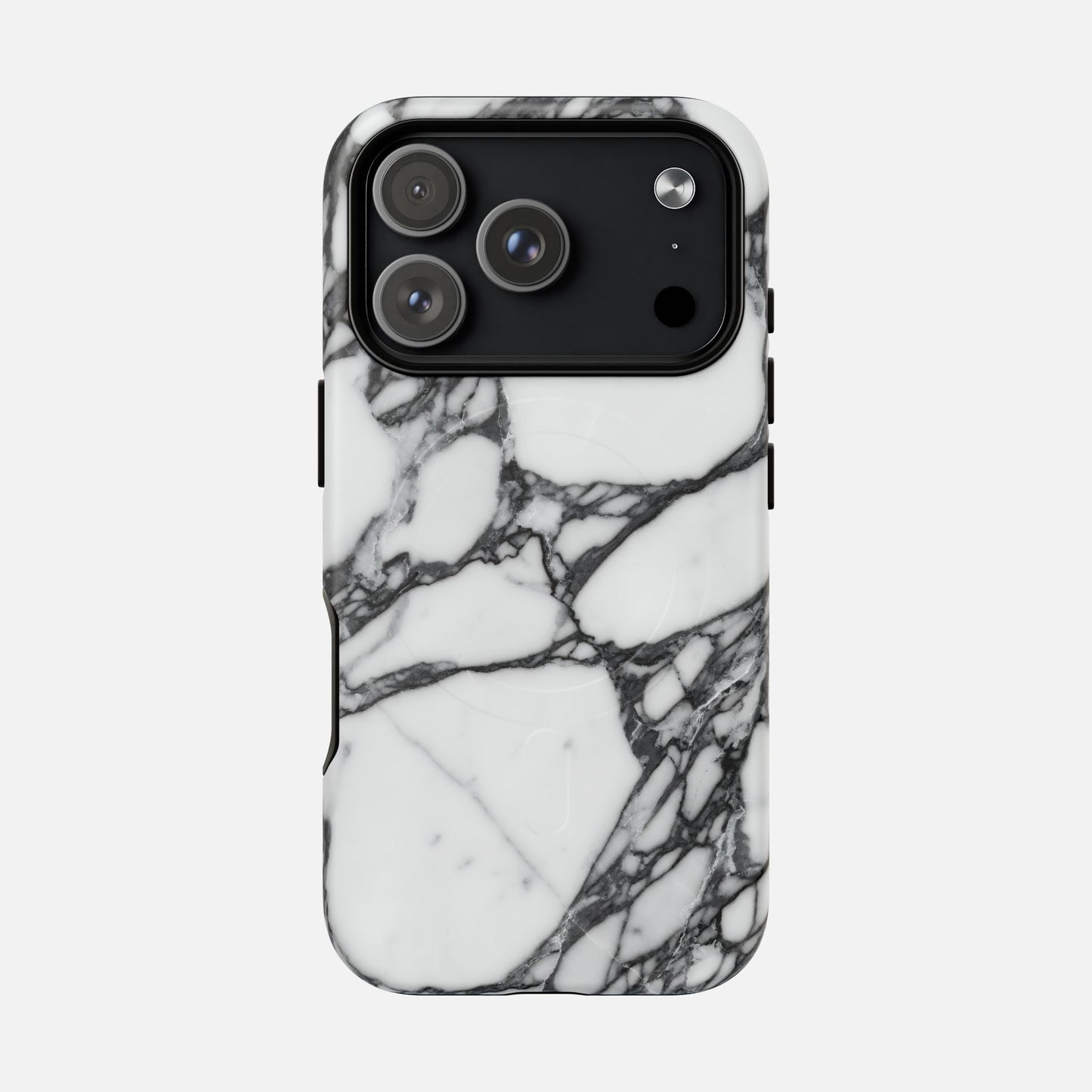 White and black marble pattern phone case on smartphone, modern stylish design