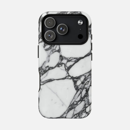 White and black marble pattern phone case on smartphone, modern stylish design