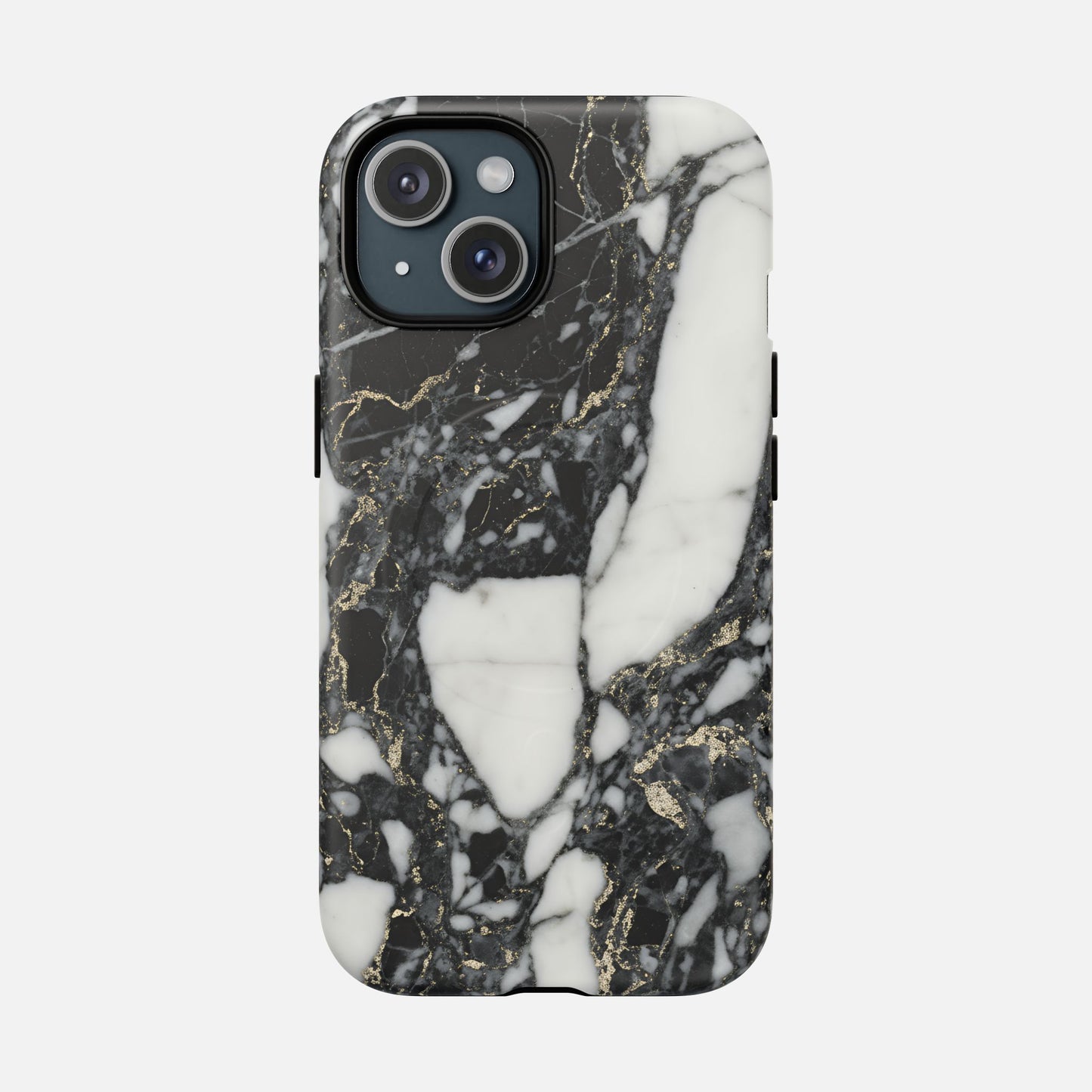 Black and white marble phone case with gold veining, sleek modern protective cover