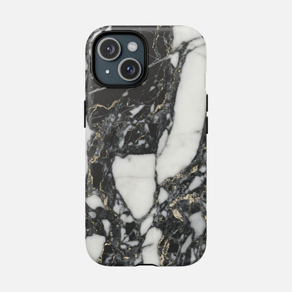 Black and white marble phone case with gold veining, sleek modern protective cover