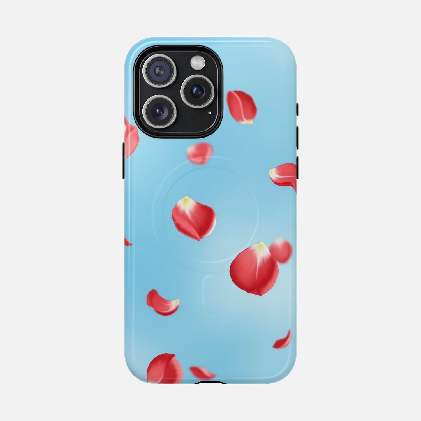 Light blue phone case with red rose petals design, modern floral pattern for iPhone protection
