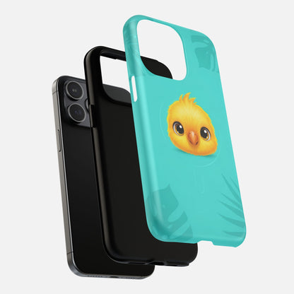Cute yellow chick phone case with teal tropical leaf design, fits iPhone models