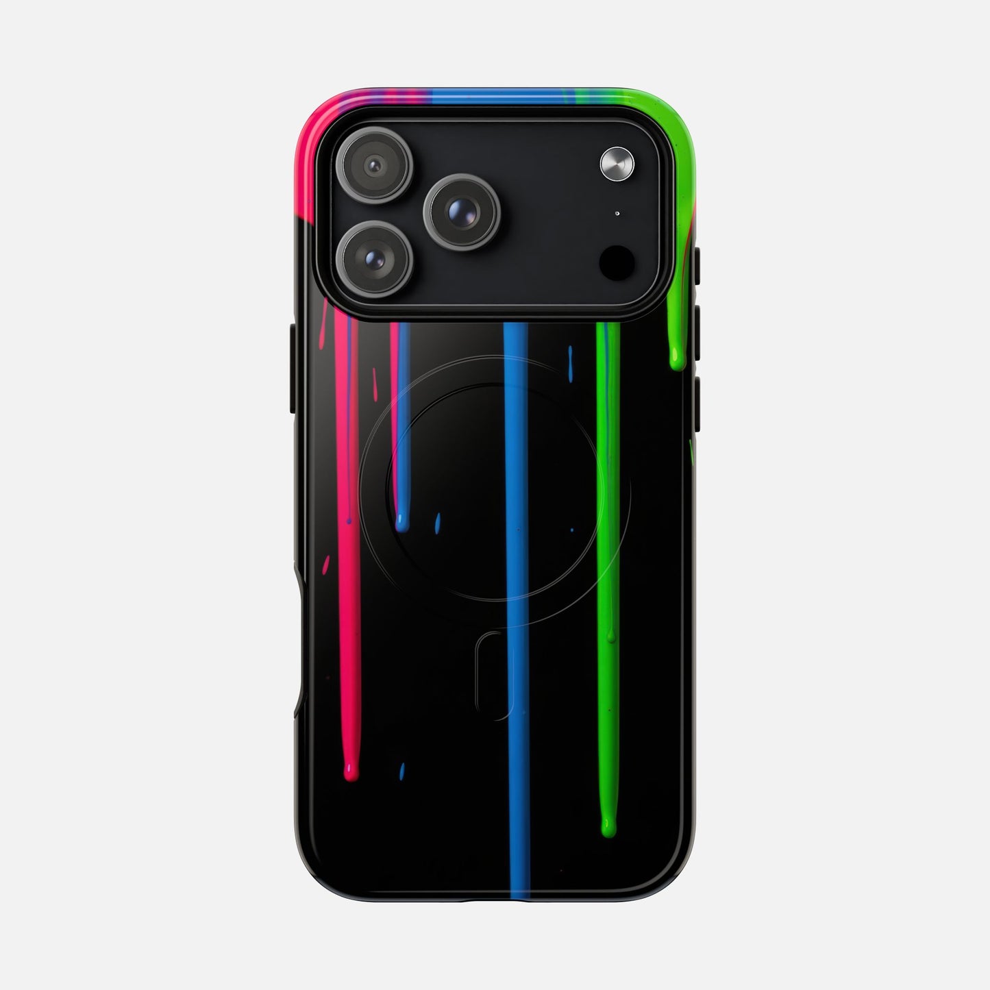 Neon Drip Tough Magnetic Case – Black Phone Cover with Bright Pink, Blue & Green Paint Drips iPhone 17 Pro Max Glossy Phone Case