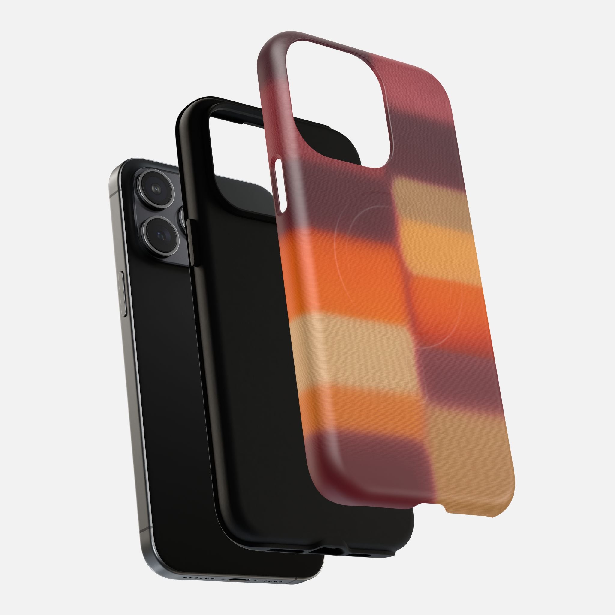 Colorful plaid phone case with modern design for iPhone, featuring autumn tones and precise cutouts