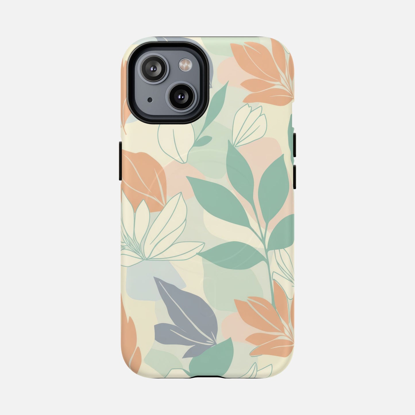 Floral Pastel Tough Magnetic Phone Case — Soft Green & Peach Botanical Design iPhone 14 Matte Phone Case