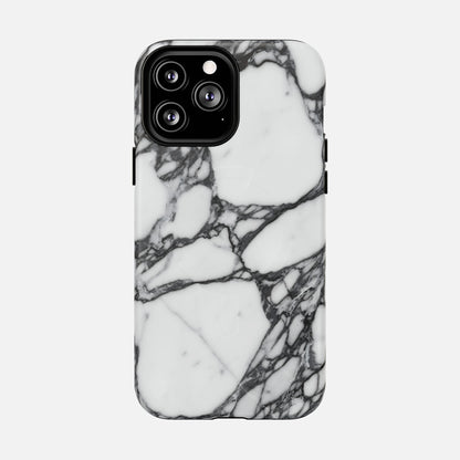 White marble pattern phone case with black veining, stylish protective cover
