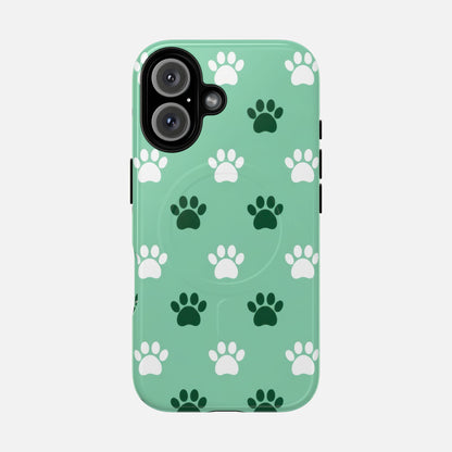 Mint green phone case with white and dark green paw print pattern, compatible with dual-camera iPhone models.
