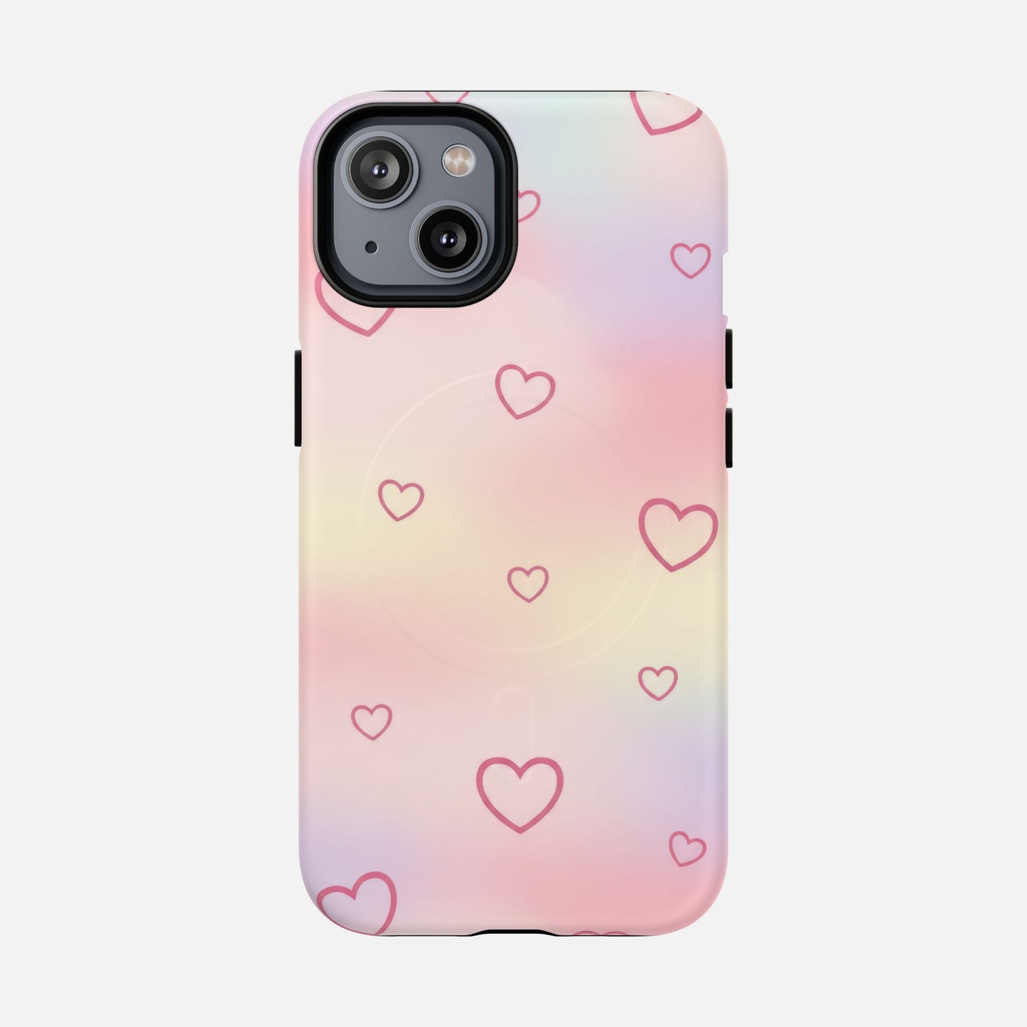Pastel gradient phone case with pink heart outlines, stylish and protective design for iPhone