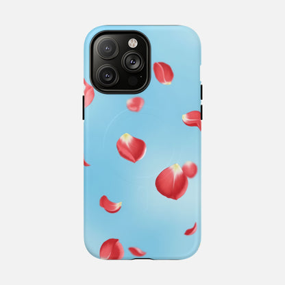 Light blue phone case with red rose petals design, stylish floral pattern for iPhone