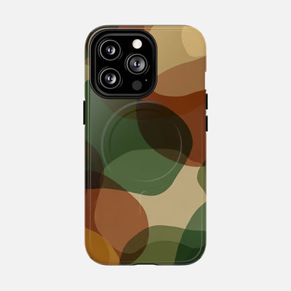 Camouflage phone case with green, brown, and tan pattern for iPhone Pro model