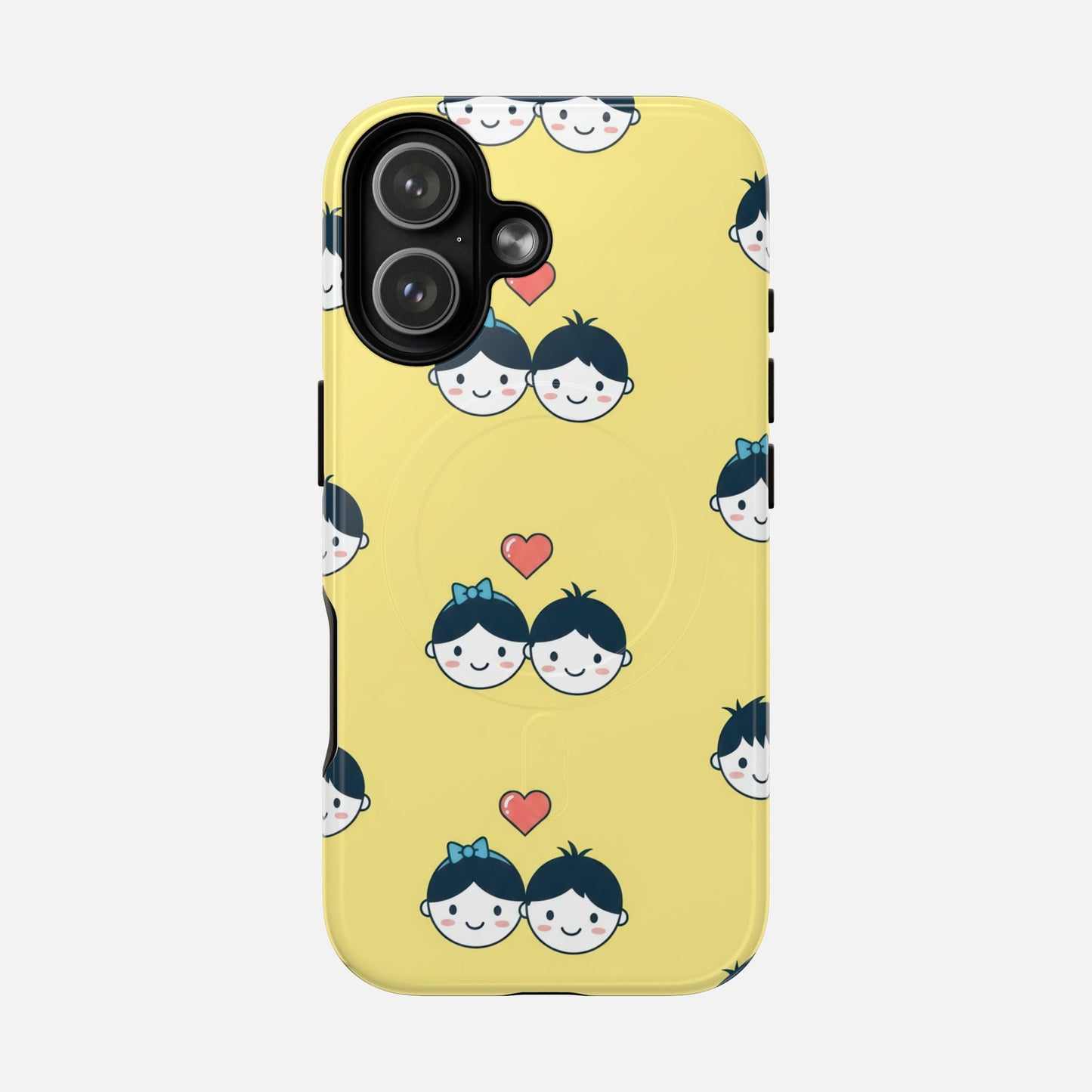Cute Couple Pattern Yellow Heart-Faced Duo Design iPhone Case — Tough Magnetic | MagSafe Compatible