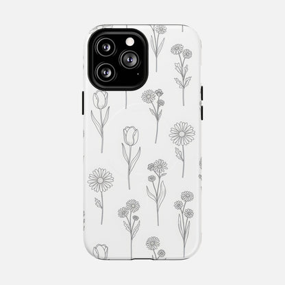 Floral Sketch Minimal Black Line Flower Design iPhone Case — Tough Magnetic | MagSafe Compatible
