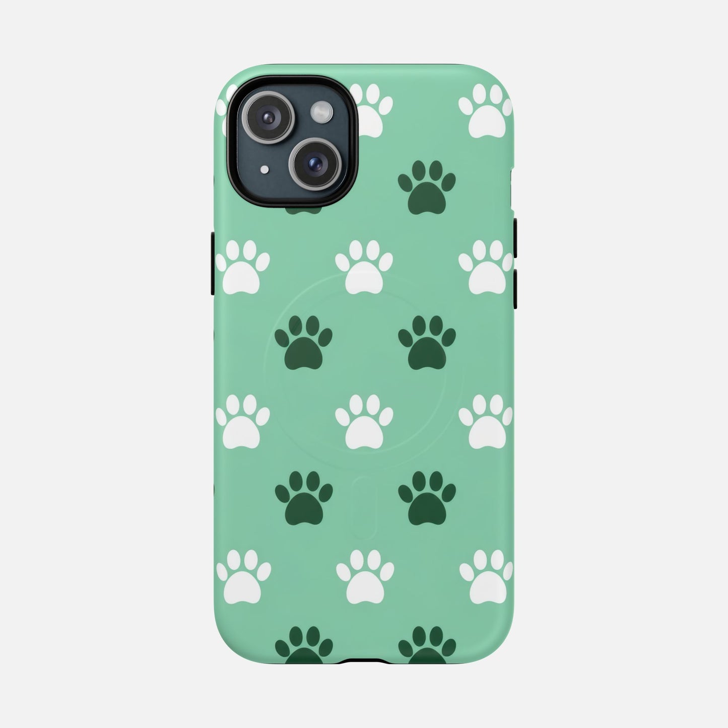 Mint green phone case with white and dark green paw print pattern, fits iPhone with dual camera