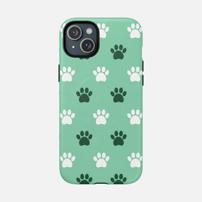 Mint green phone case with white and dark green paw print pattern, fits iPhone with dual camera