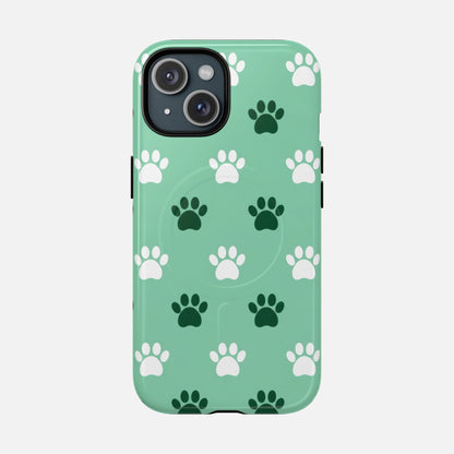 Mint green phone case with white and dark green paw print pattern, compatible with iPhone models