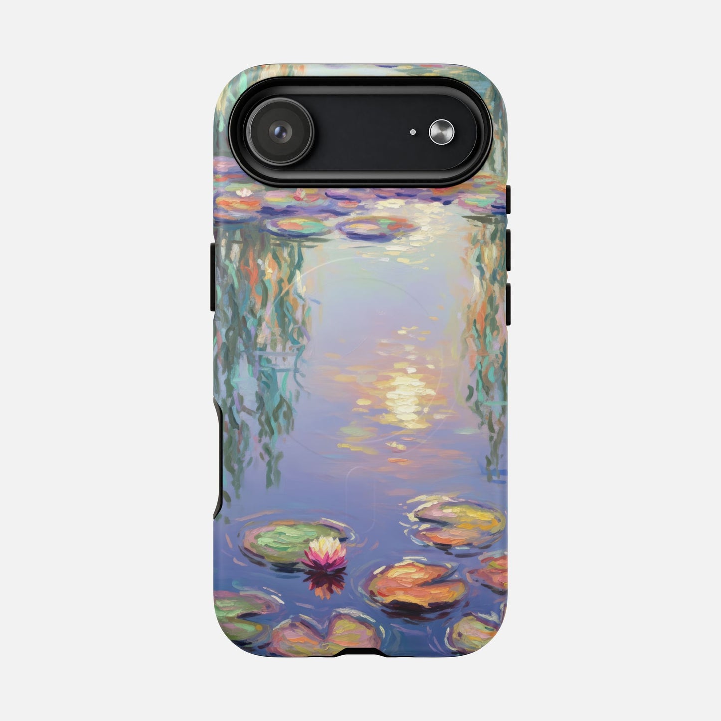 Phone case with Monet-style water lily pond painting, artistic design for iPhone