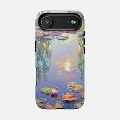 Phone case with Monet-style water lily pond painting, artistic design for iPhone