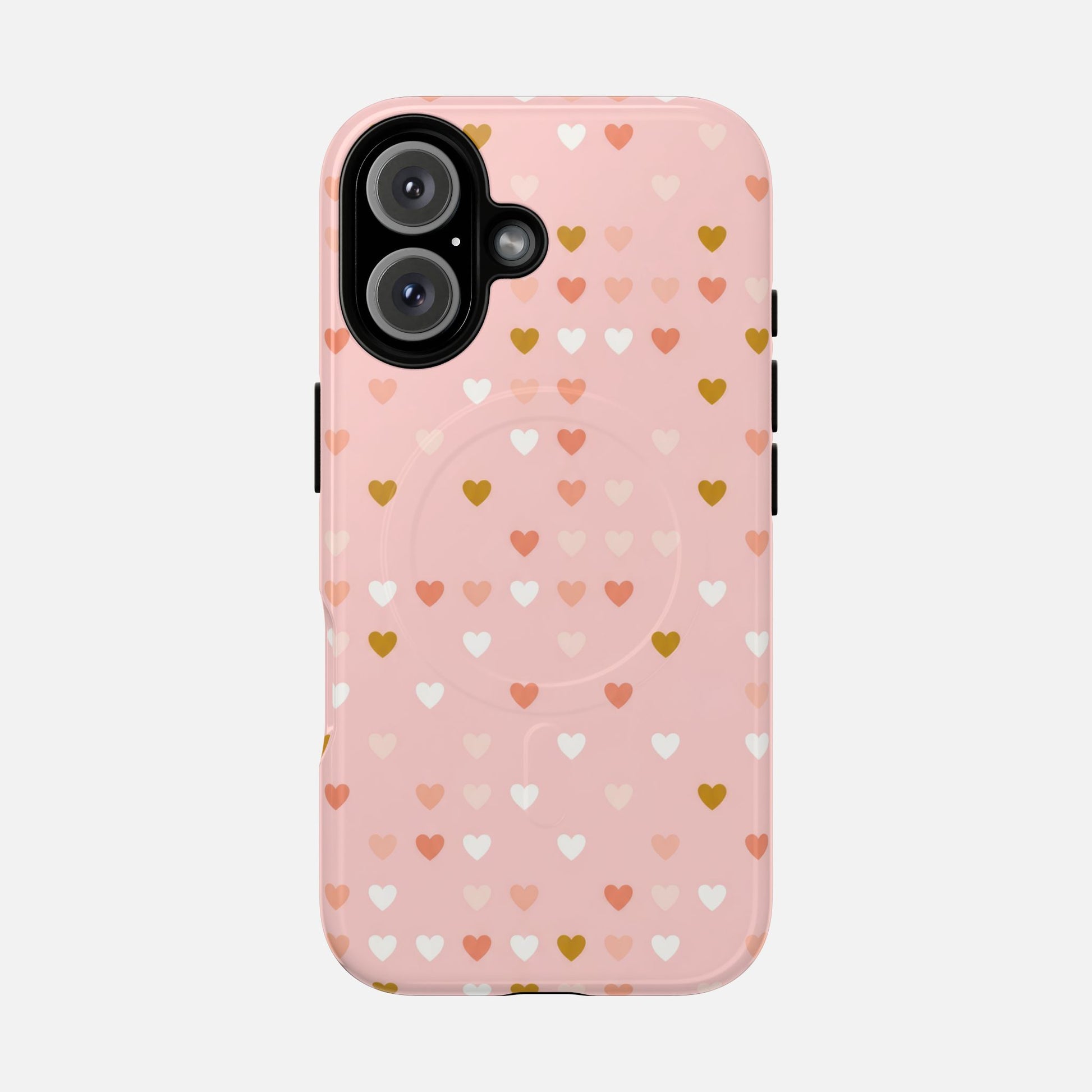 Pink Heart Pattern Tough Magnetic Phone Case iPhone 16 Glossy Phone Case