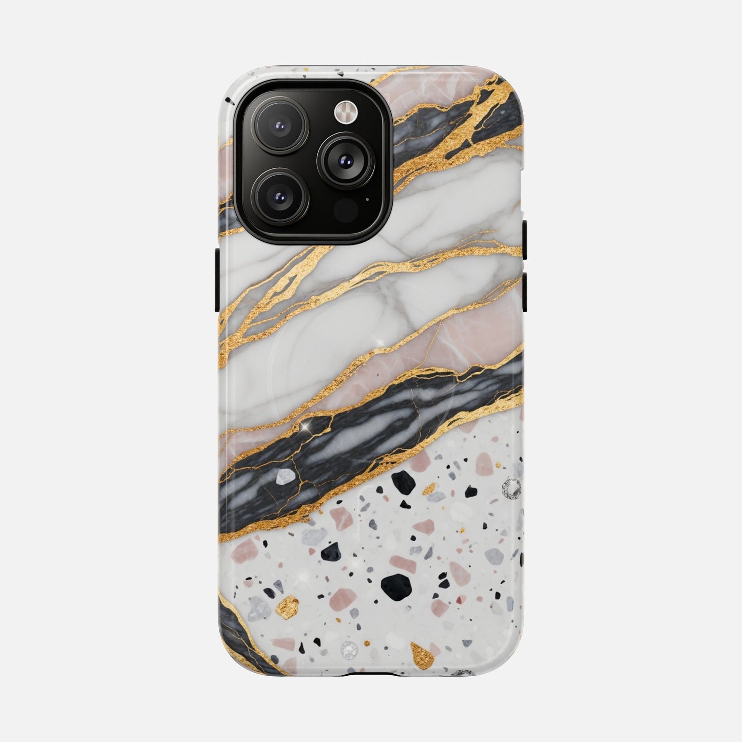 Elegant marble and gold phone case with terrazzo design for iPhone 14 Pro