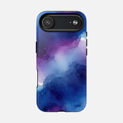 Galaxy Watercolor Tough Magnetic Phone Case — Blue Purple Nebula MagSafe Cover iPhone 17 Air Glossy Phone Case