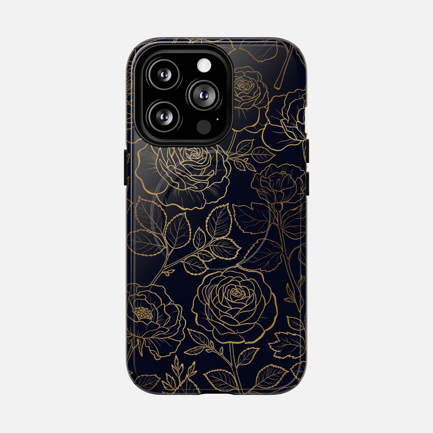 Floral Gold Outline Tough Magnetic Case — Elegant Black Rose Phone Cover iPhone 13 Pro Glossy Phone Case
