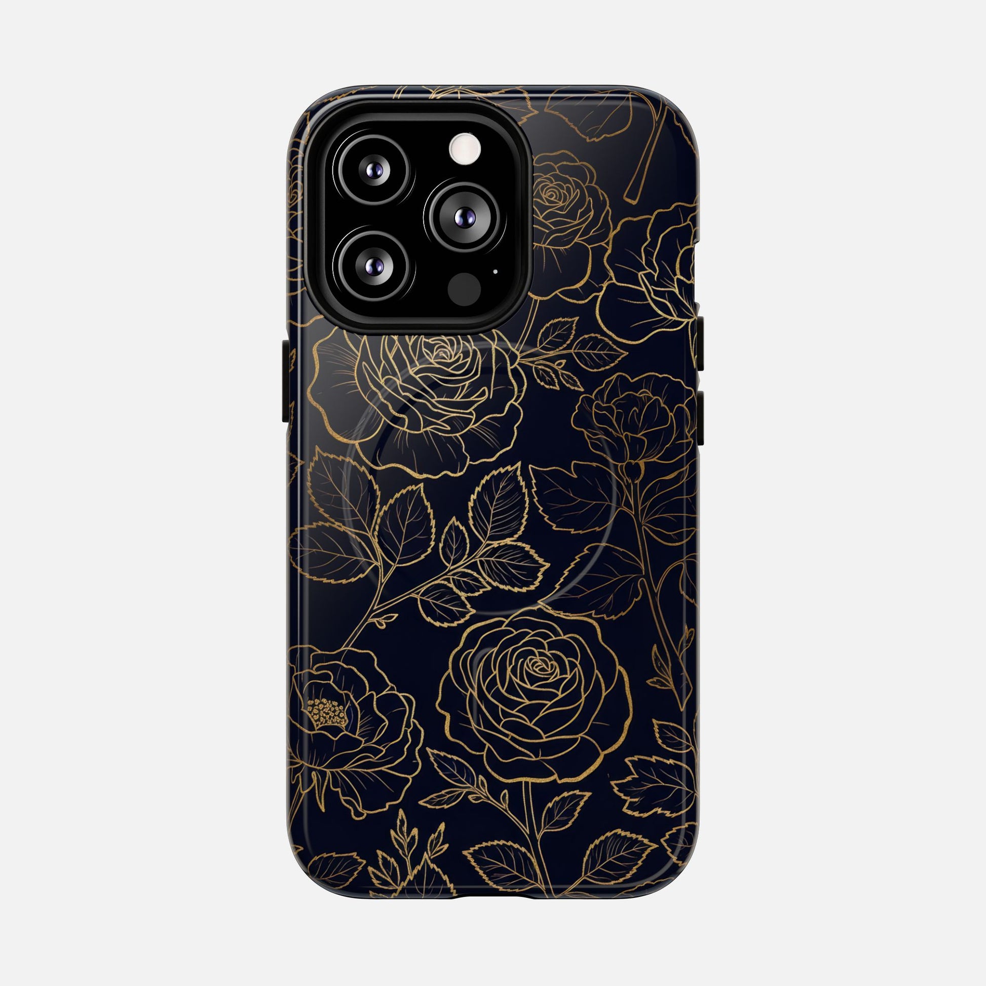 Floral Gold Outline Tough Magnetic Case — Elegant Black Rose Phone Cover iPhone 13 Pro Glossy Phone Case
