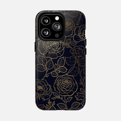 Floral Gold Outline Tough Magnetic Case — Elegant Black Rose Phone Cover iPhone 13 Pro Glossy Phone Case