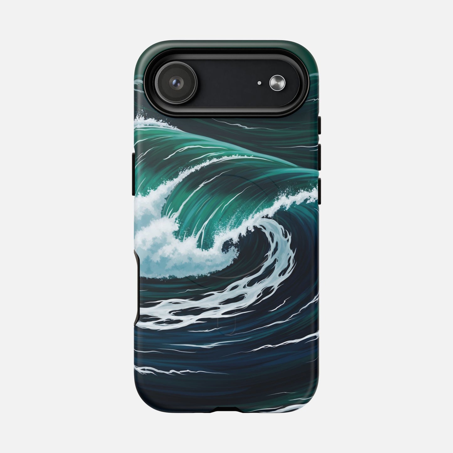 Ocean wave phone case with teal and navy surf design, protective cover for iPhone