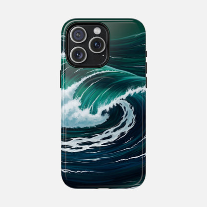 Ocean wave phone case with teal and navy surf design for iPhone