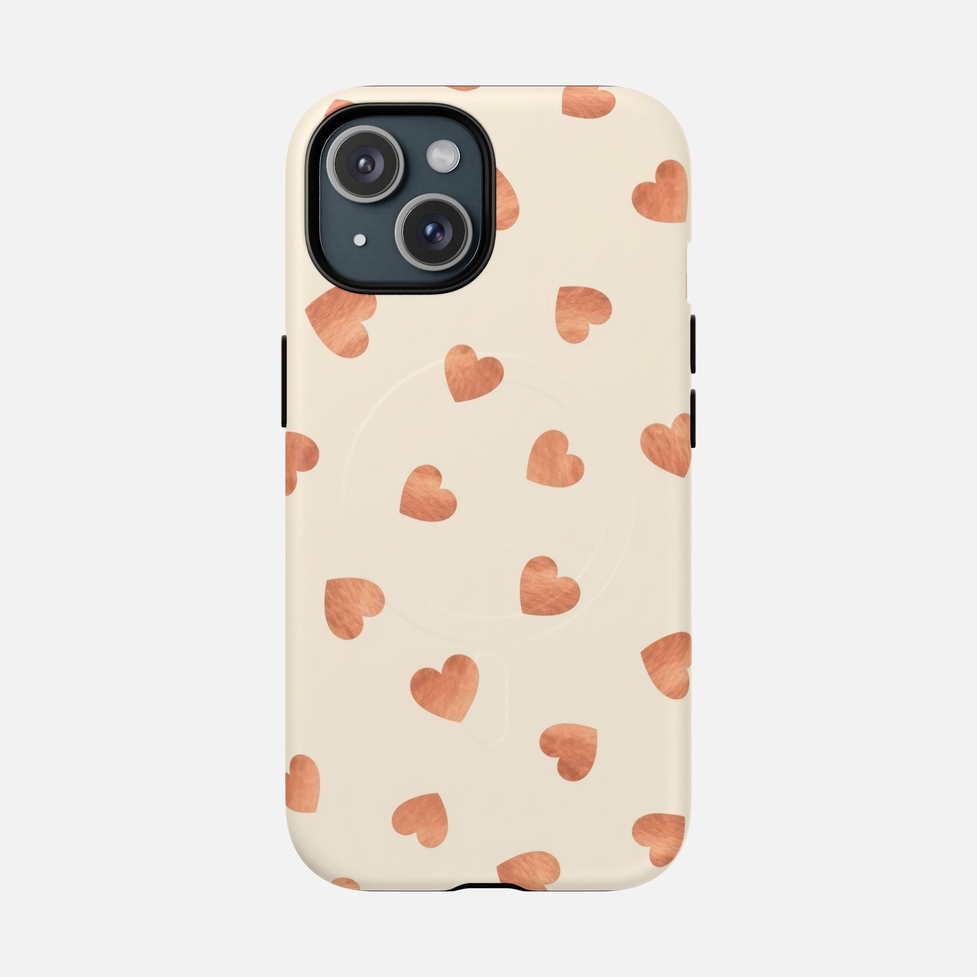 Heart Pattern Tough Magnetic Phone Case — Peach Watercolor Hearts, MagSafe Compatible iPhone 15 Matte Phone Case