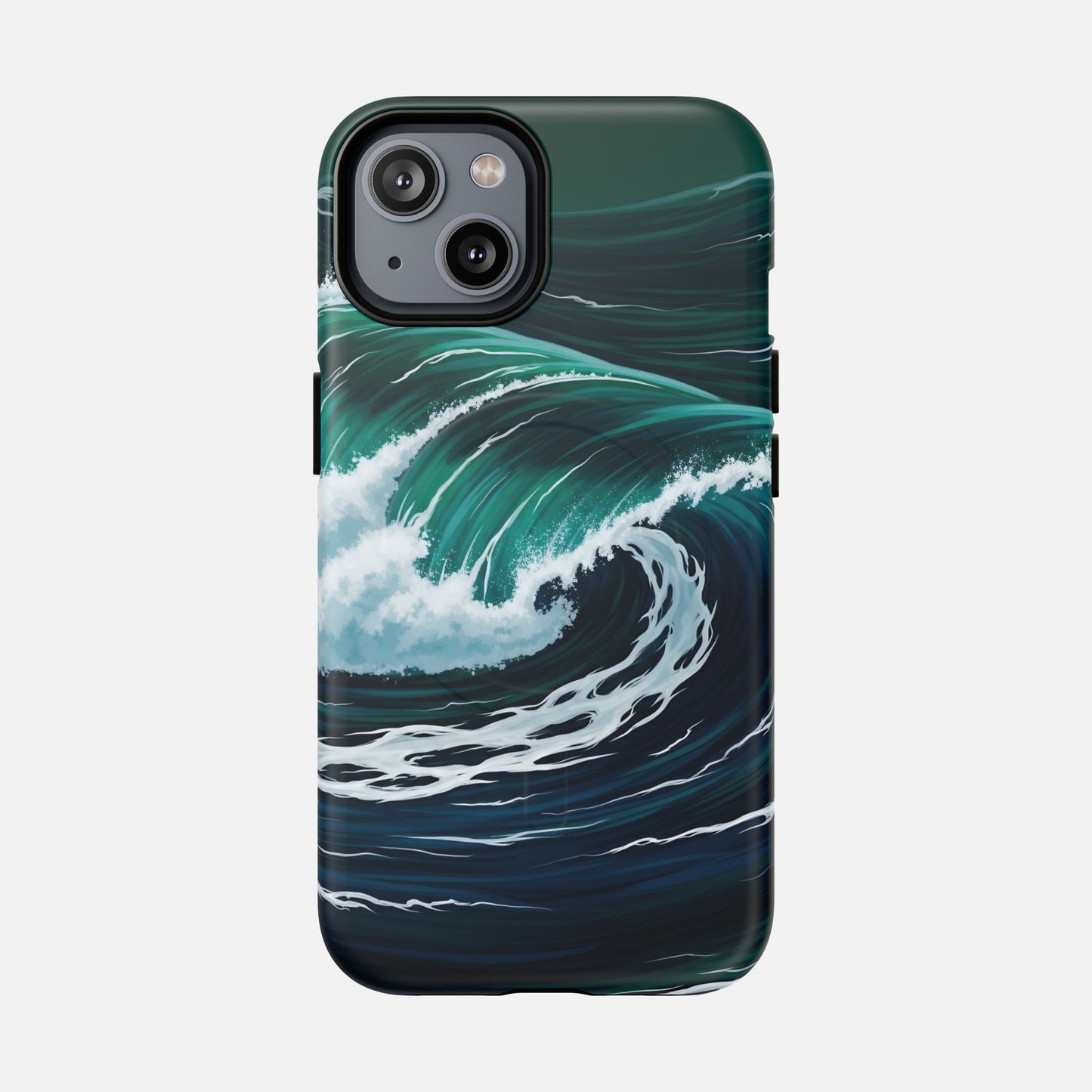 Ocean wave phone case with teal and navy surf design, creative waterproof-inspired artwork for iPhone