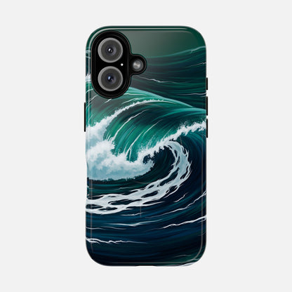 Ocean wave phone case with vibrant teal and white surf design, modern printed artwork for iPhone