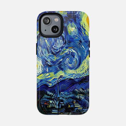 iPhone case with Van Gogh's Starry Night artwork, vibrant blue and yellow swirls, creative phone protection