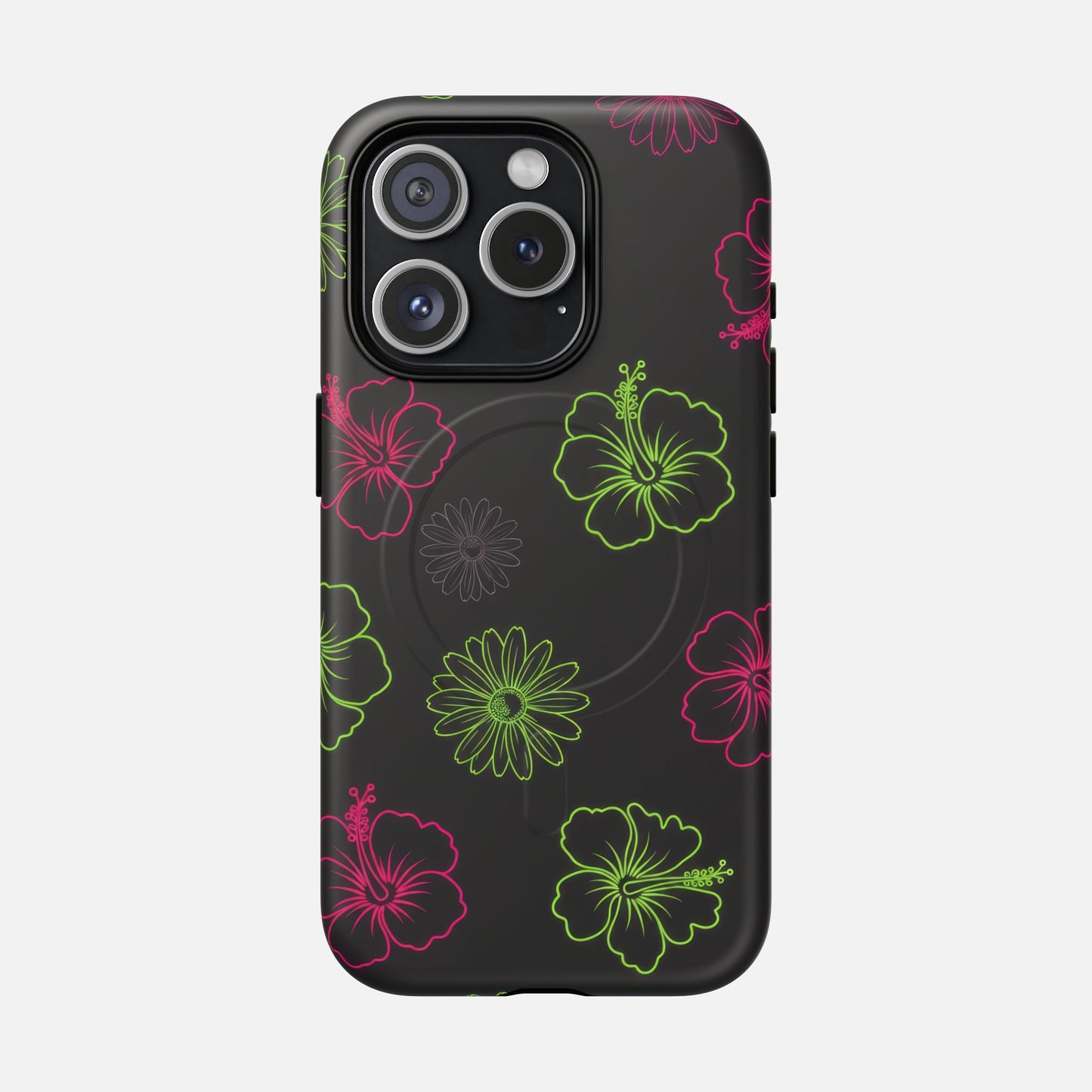 Neon Hibiscus Tough Magnetic Phone Case — Tropical Floral Protective Cover iPhone 15 Pro Matte Phone Case