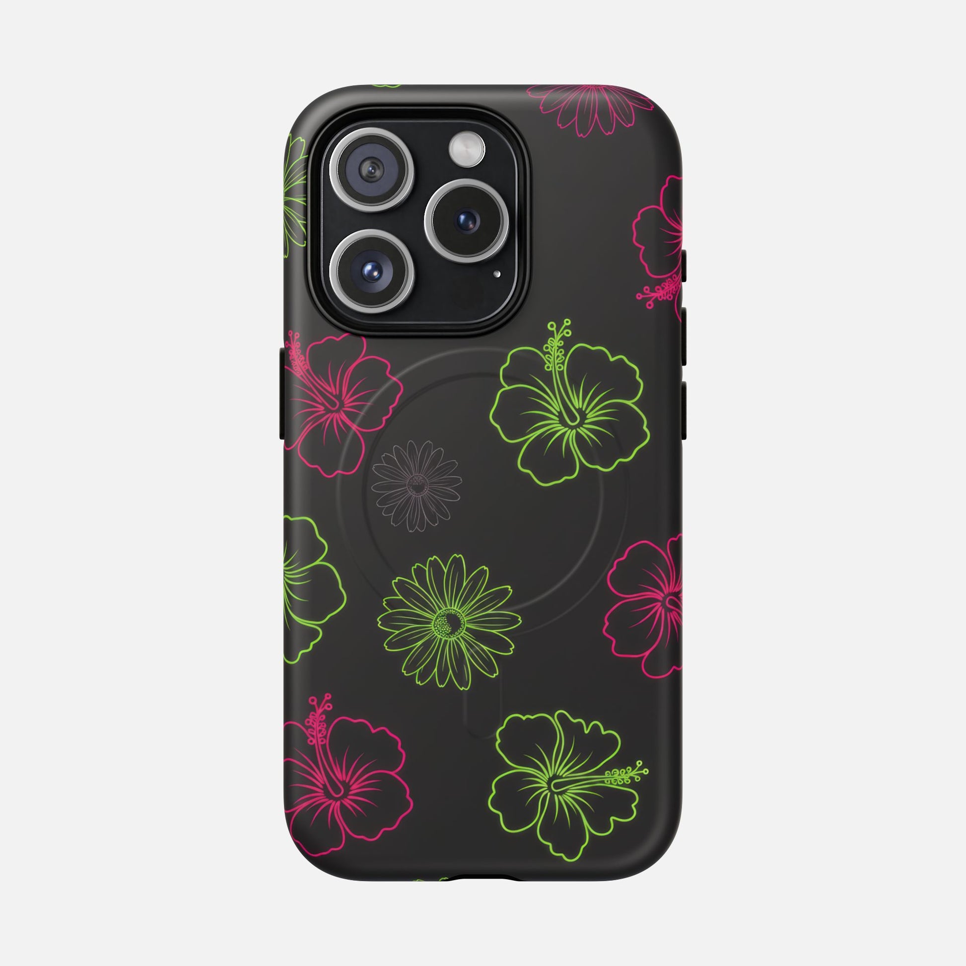 Neon Hibiscus Tough Magnetic Phone Case — Tropical Floral Protective Cover iPhone 15 Pro Matte Phone Case