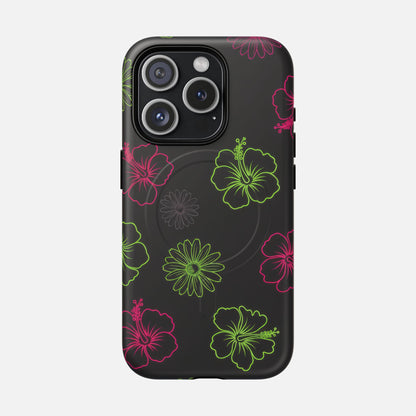Neon Hibiscus Tough Magnetic Phone Case — Tropical Floral Protective Cover iPhone 15 Pro Matte Phone Case