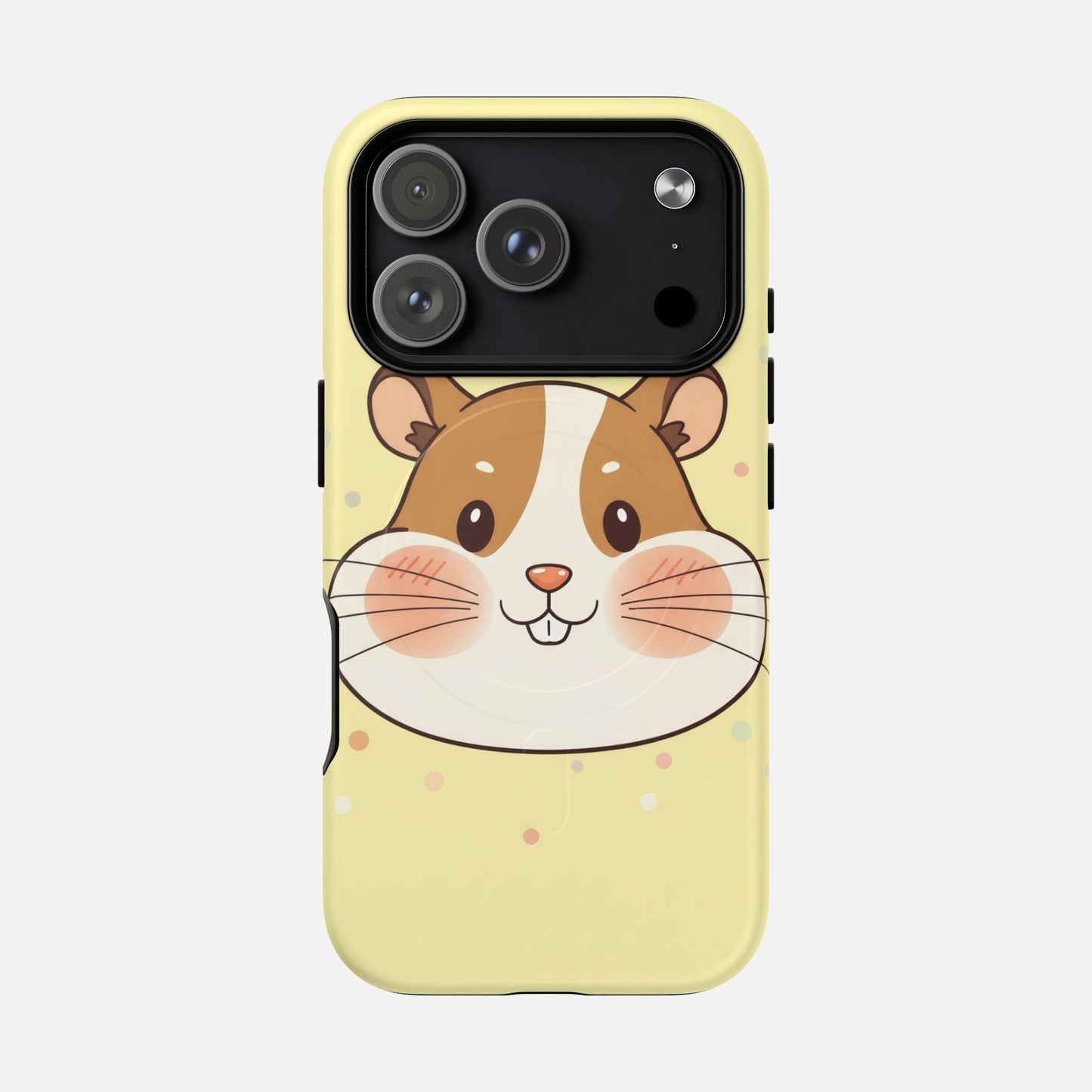 Cute hamster phone case with pastel yellow background and polka dots, perfect for animal lovers