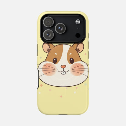 Cute hamster phone case with pastel yellow background and polka dots, perfect for animal lovers