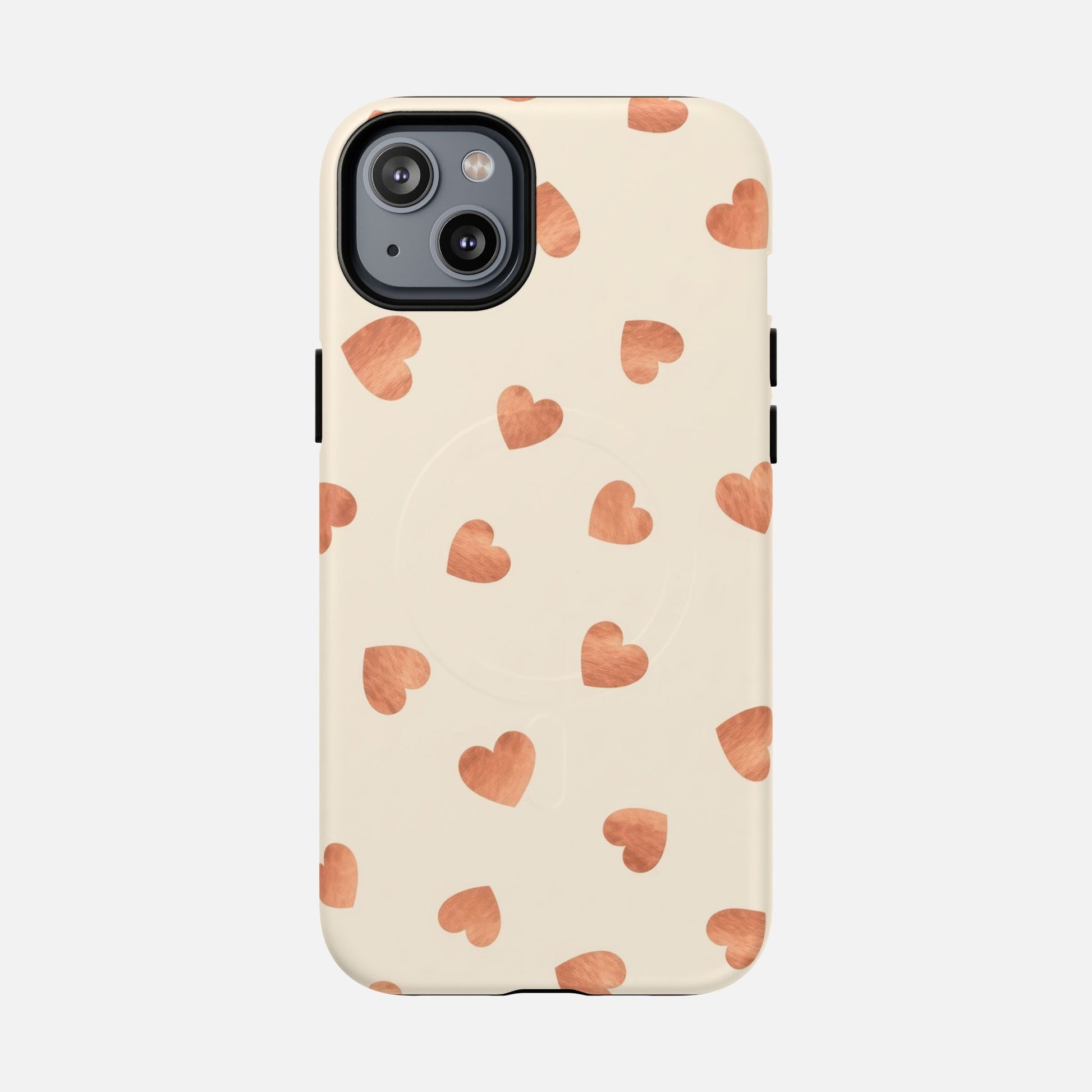 Heart Pattern Tough Magnetic Phone Case — Peach Watercolor Hearts, MagSafe Compatible iPhone 14 Plus Matte Phone Case