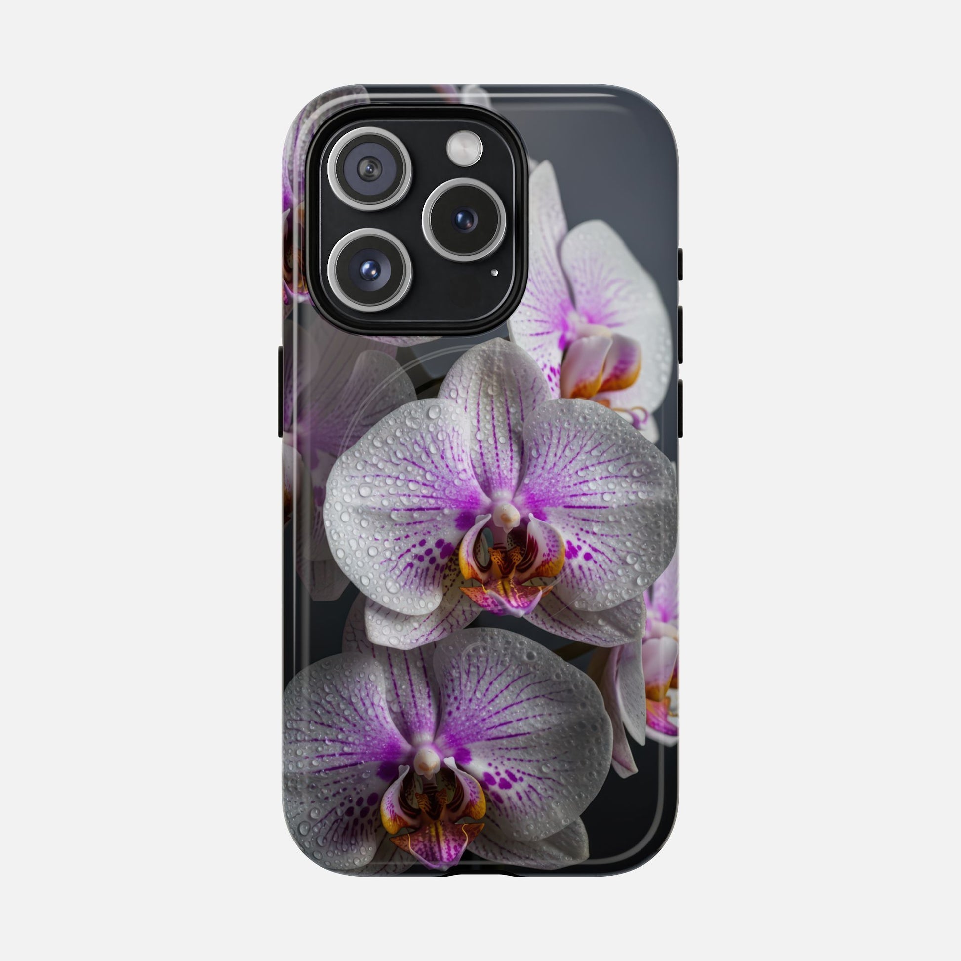 Orchid Bloom Tough Magnetic Phone Case — Waterdrop Floral Protection iPhone 15 Pro Glossy Phone Case
