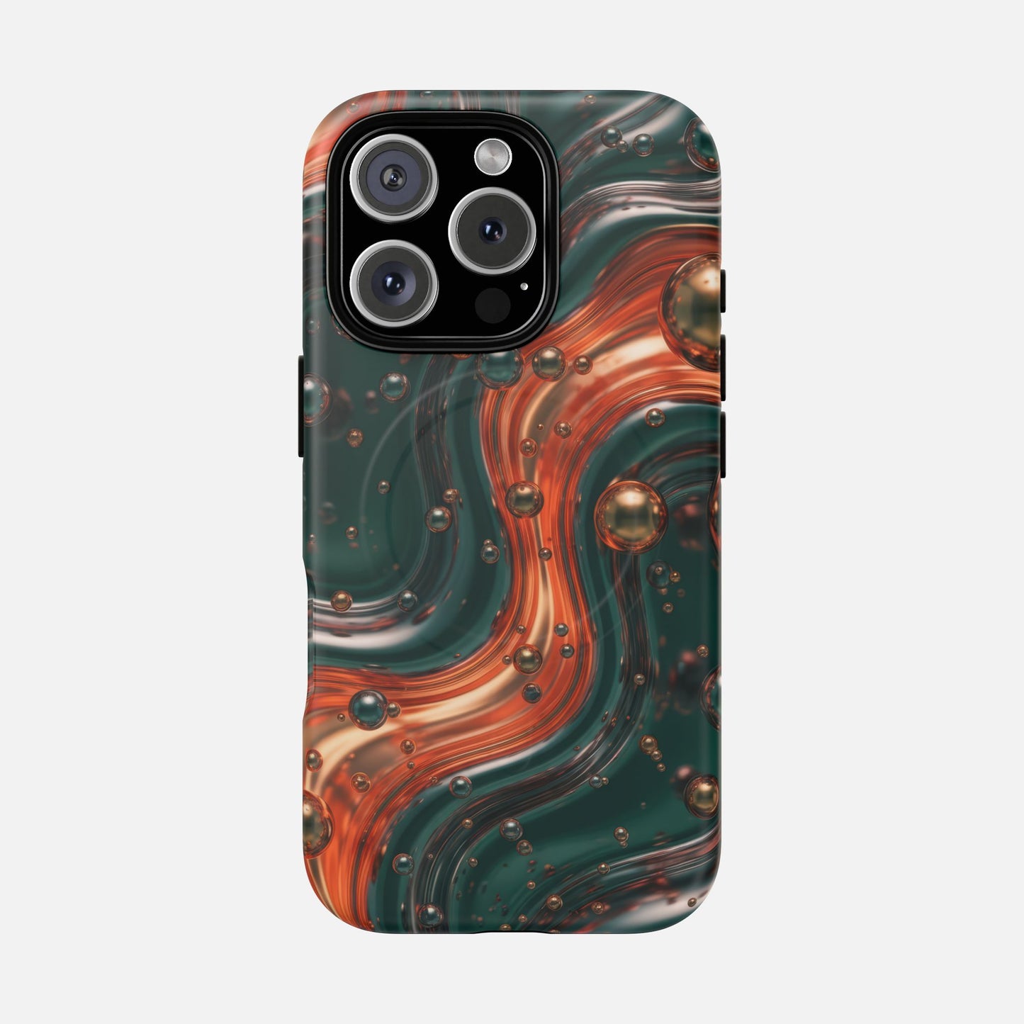 Emerald & Copper Liquid Swirl iPhone Case — Tough Magnetic | MagSafe Compatible