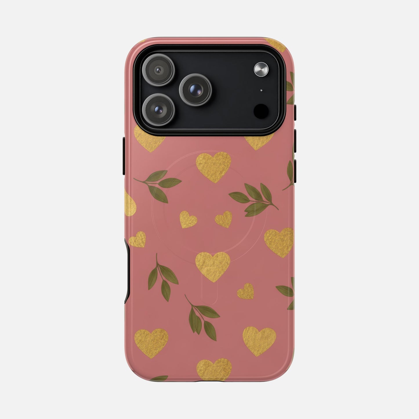 Pink phone case with gold hearts and green leaves, stylish protective cover for iPhone