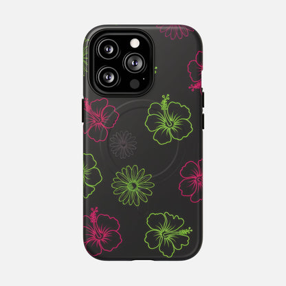 Neon Hibiscus Tough Magnetic Phone Case — Tropical Floral Protective Cover iPhone 13 Pro Matte Phone Case