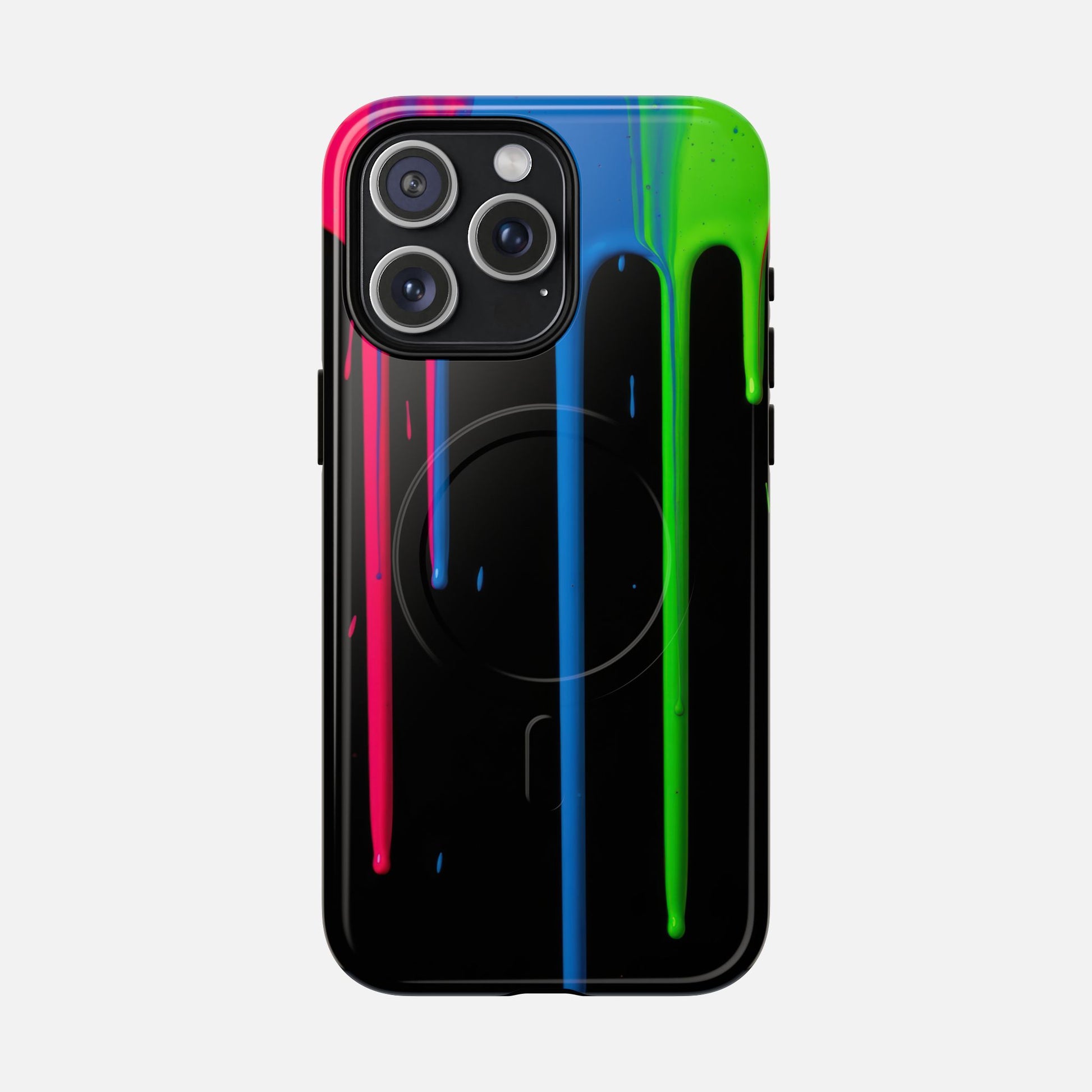 Neon Drip Tough Magnetic Case – Black Phone Cover with Bright Pink, Blue & Green Paint Drips iPhone 15 Pro Max Glossy Phone Case