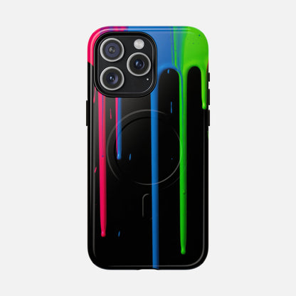 Neon Drip Tough Magnetic Case – Black Phone Cover with Bright Pink, Blue & Green Paint Drips iPhone 15 Pro Max Glossy Phone Case