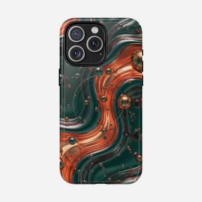 Magnetic Phone Case — Emerald & Copper Liquid Swirl Protective Cover iPhone 15 Pro Max Glossy Phone Case