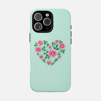 Floral Heart & Mint Rose iPhone Case — Tough Magnetic | MagSafe Compatible