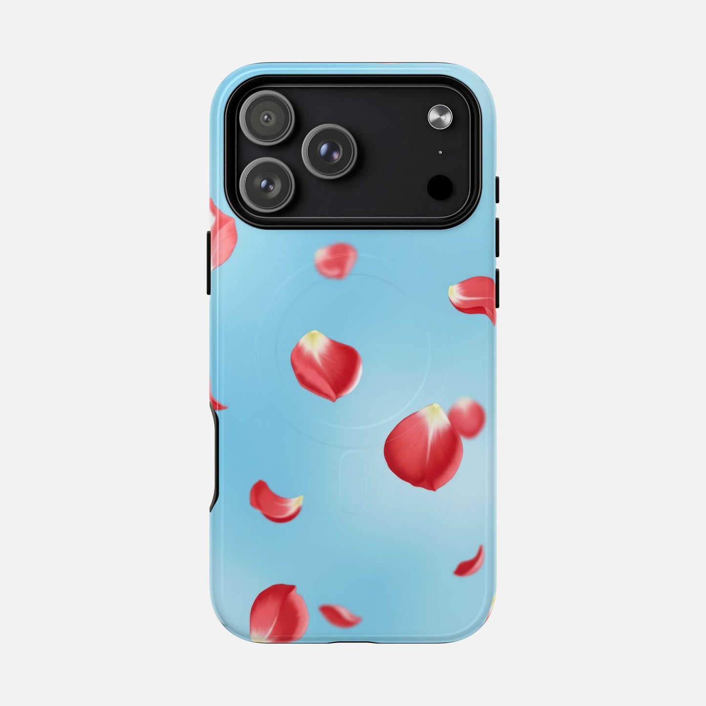Light blue phone case with red rose petals design, compatible with iPhone Pro models
