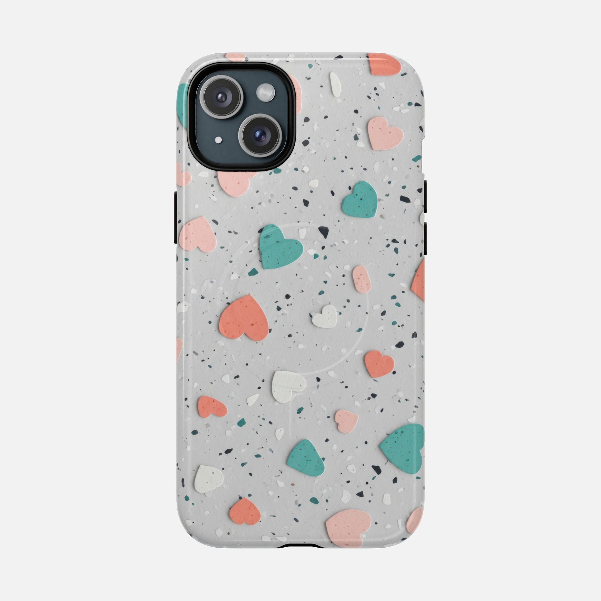 Heart Confetti Tough Magnetic Phone Case — Colorful Terrazzo Love Design iPhone 15 Plus Glossy Phone Case