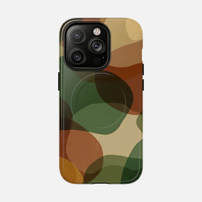 Camouflage phone case with green, brown, and tan pattern for iPhone 15 Pro Max